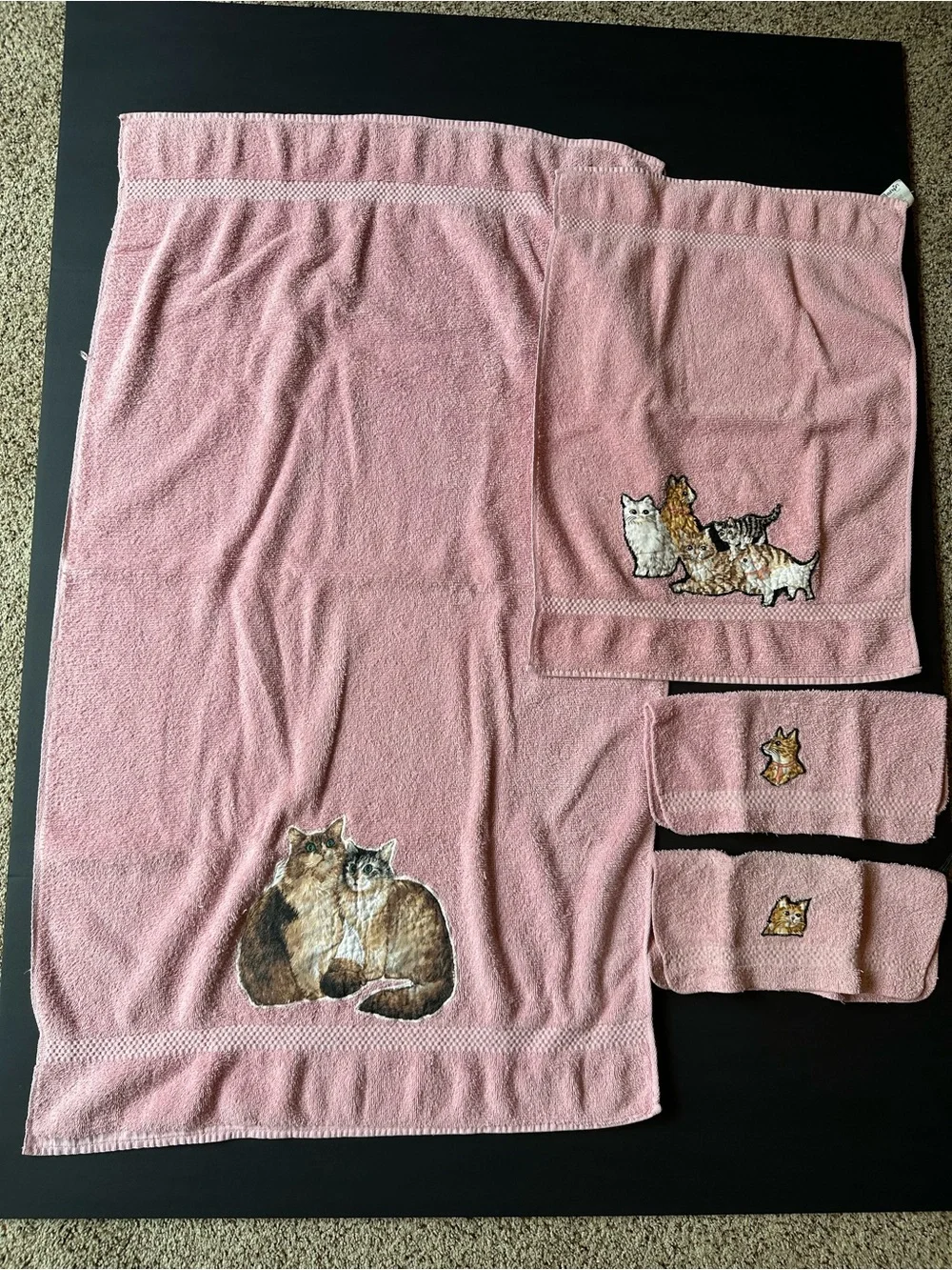Vtg St Mary’s Raspberry Cream Feline Cat Bath Towel Hand Towel 2 Wash Cloths USA